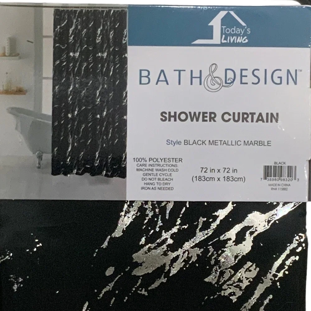 Today’s Living Black Marble Metallic Silver Fabric Shower Curtain 72 in X 72 in